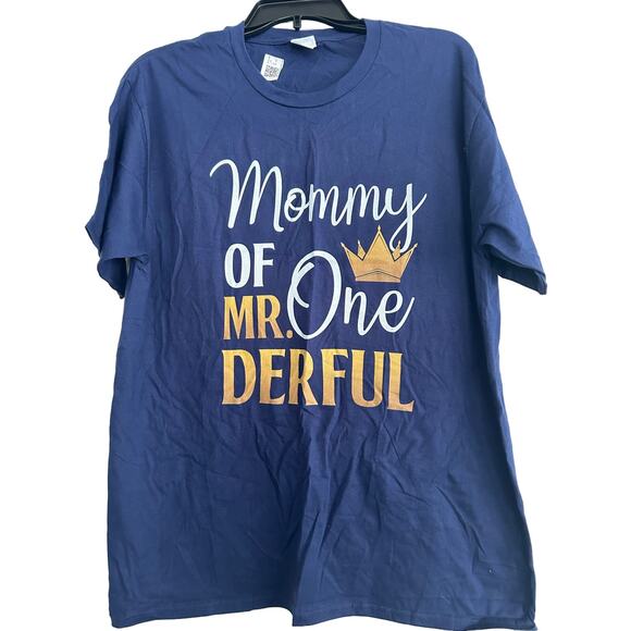 NWT Port & Company Women's Size Large Mommy of Mr. Onederful T-Shirt Blue - Picture 1 of 5